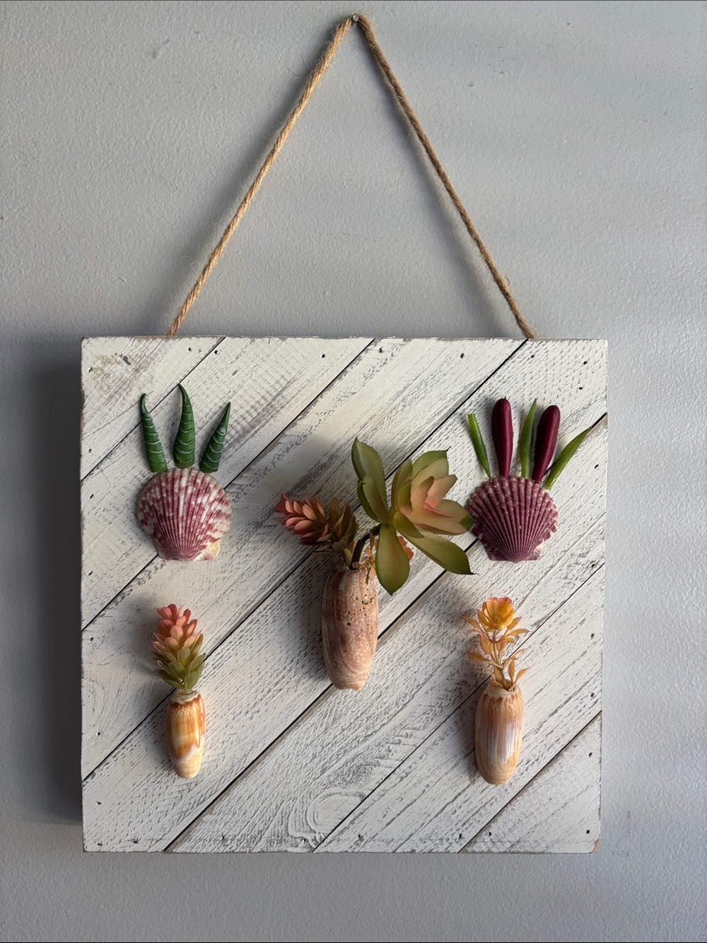 Seashell Succulent Wall Hanging - Pink & Green Home Wall Decor 10x10